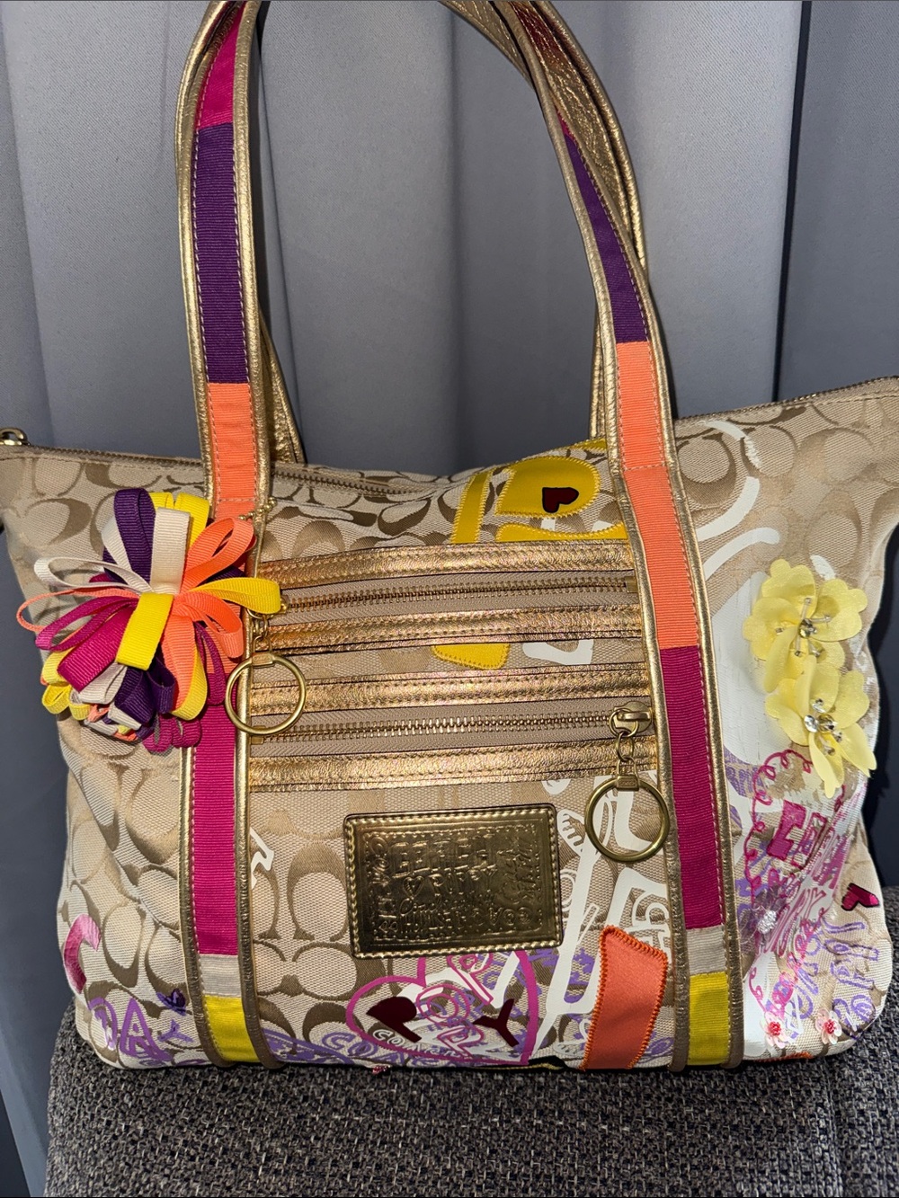 Coach POPPY Beige Signature Floral Tote with Multicolor Accents